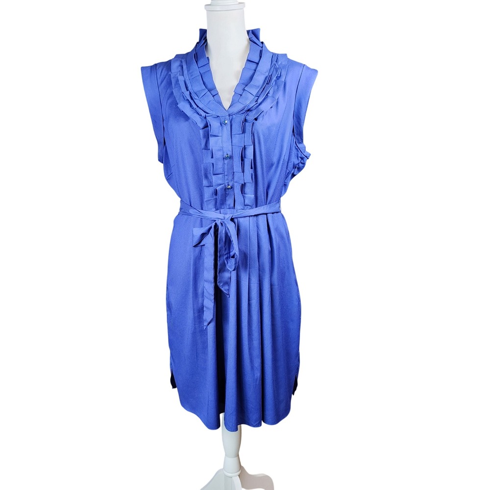 Ted Baker Ruffle Neck Dress Womens 5 US12 Royal Blue Pleated Belted Office Event